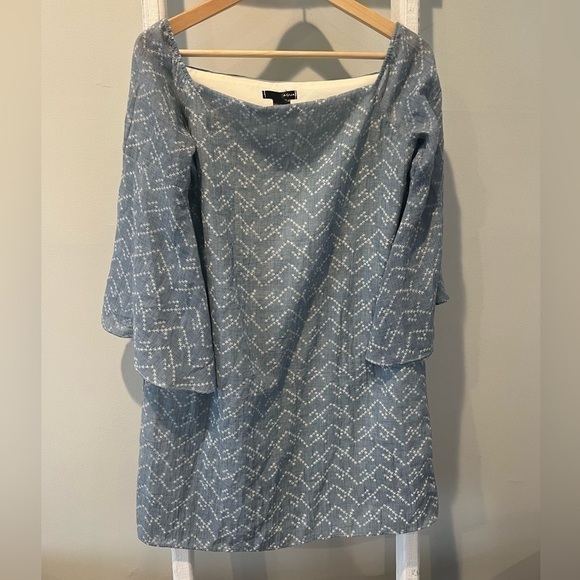 𝅺aqua chambray off the shoulder print boho linen blend dtess large - Picture 1 of 10